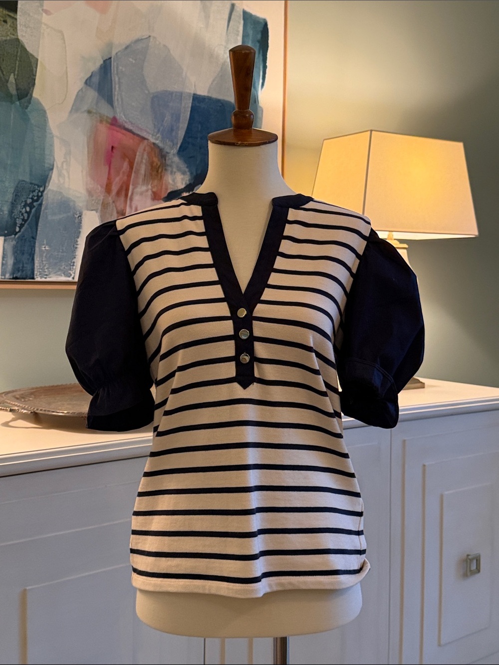 Veronica Beard Navy & Cream Striped V-Neck Puff Sleeve Top